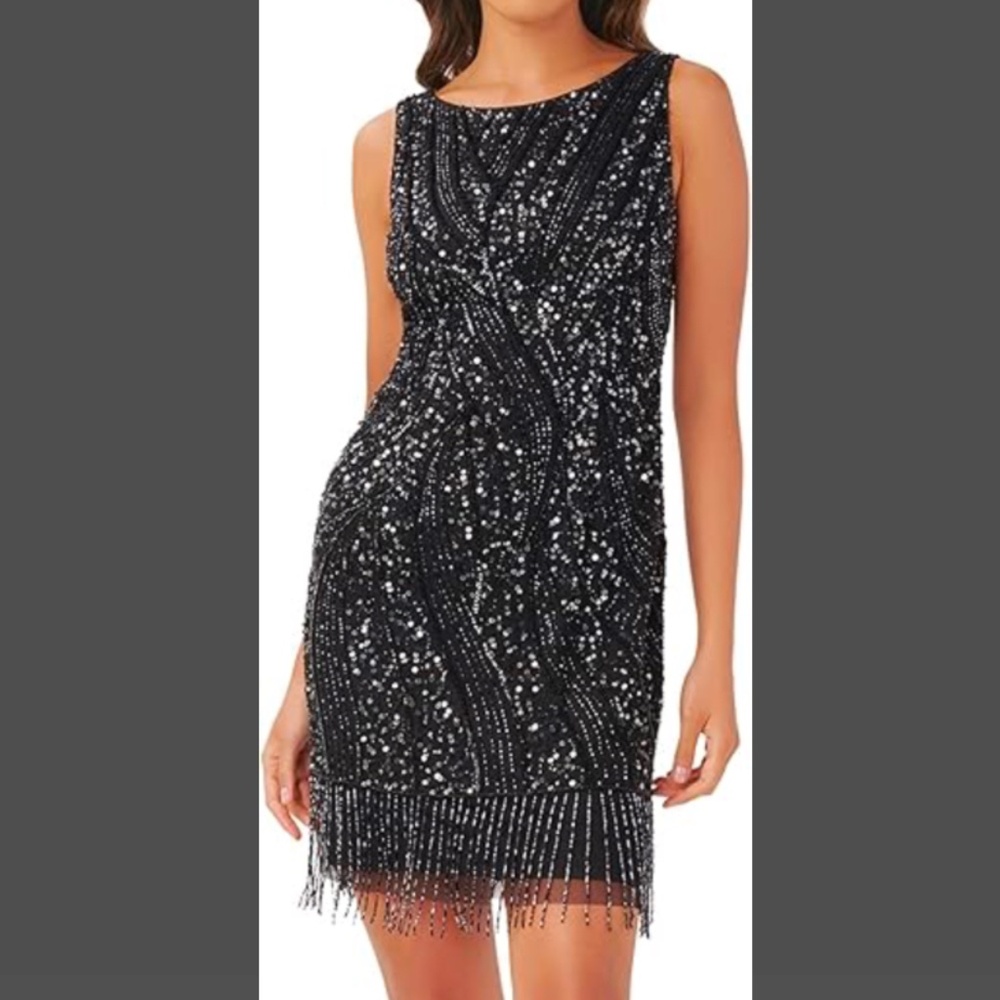 NWT Adrianna Papell size 16 Black Sequin Fringe Bead Short Party Dress